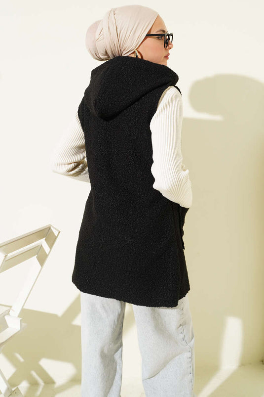 Hooded Bouclé Vest, Black