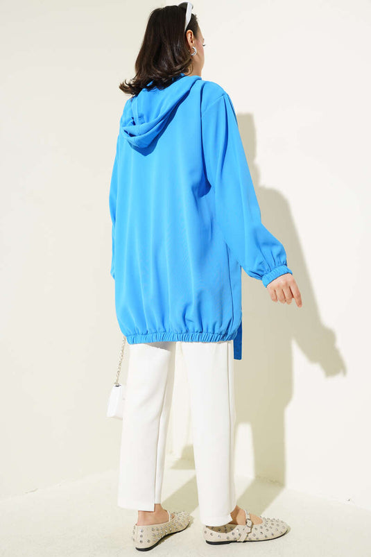 Kapüşonlu Cep Taşlı Kap Mavi