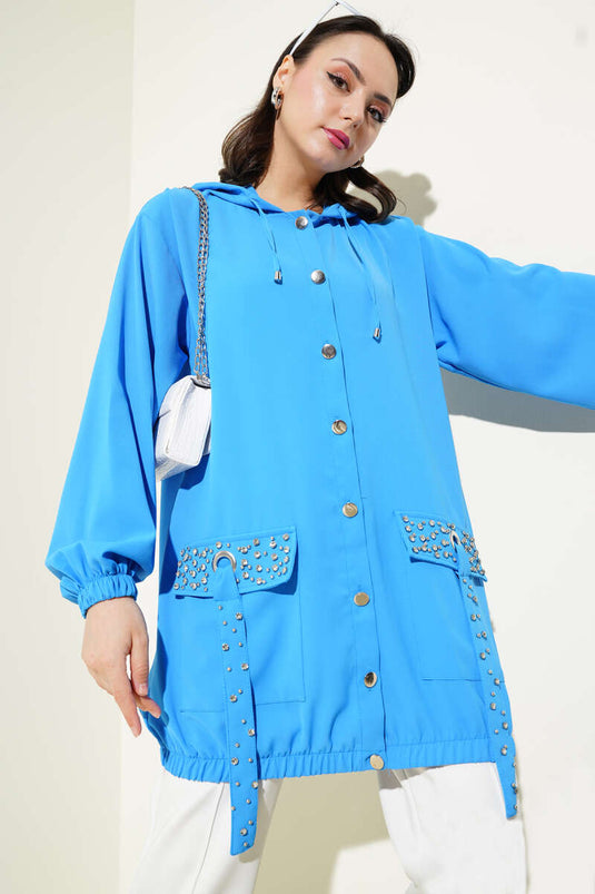 Kapüşonlu Cep Taşlı Kap Mavi