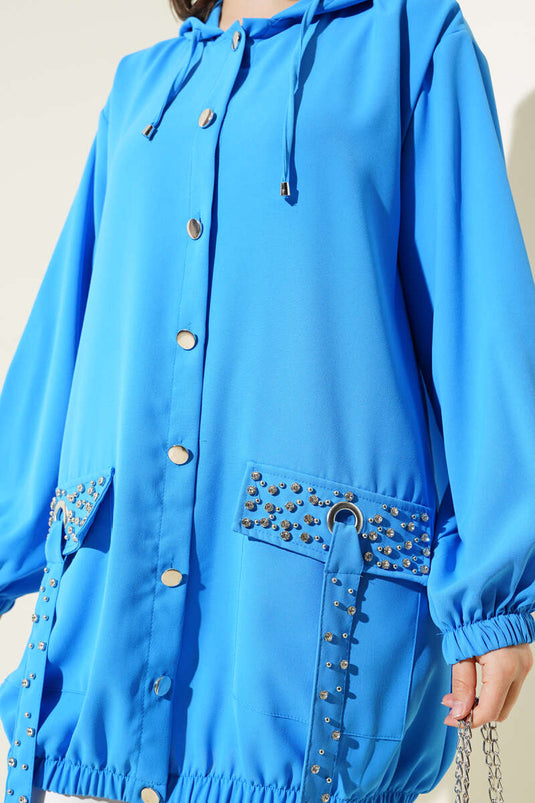 Kapüşonlu Cep Taşlı Kap Mavi