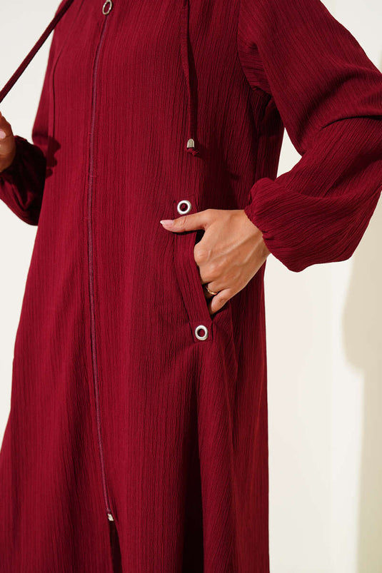 Hooded Pocket Tree Bark Coat Burgundy