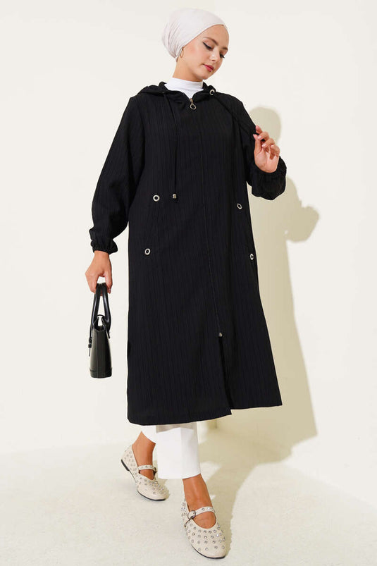 Kapüşonlu Cepli Ağaç Kabuğu Kap Siyah