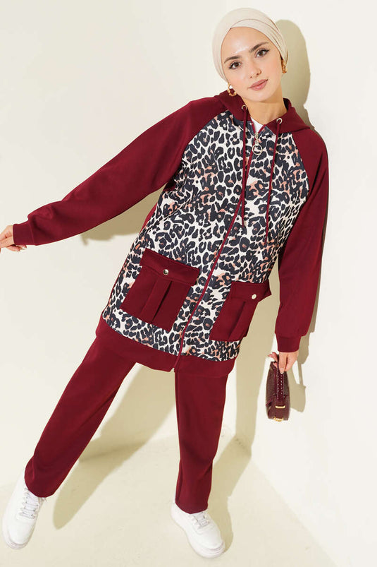 Kapüşonlu Cepli Leoparlı Scuba İkili Takım Bordo