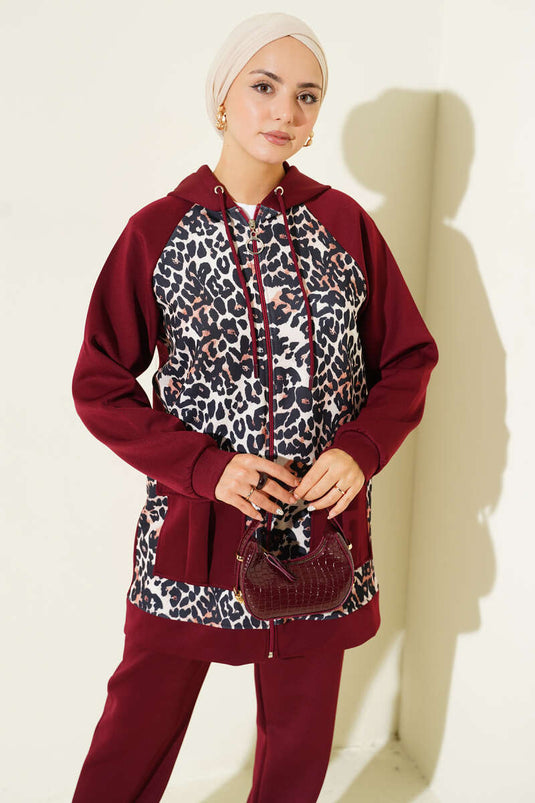 Kapüşonlu Cepli Leoparlı Scuba İkili Takım Bordo