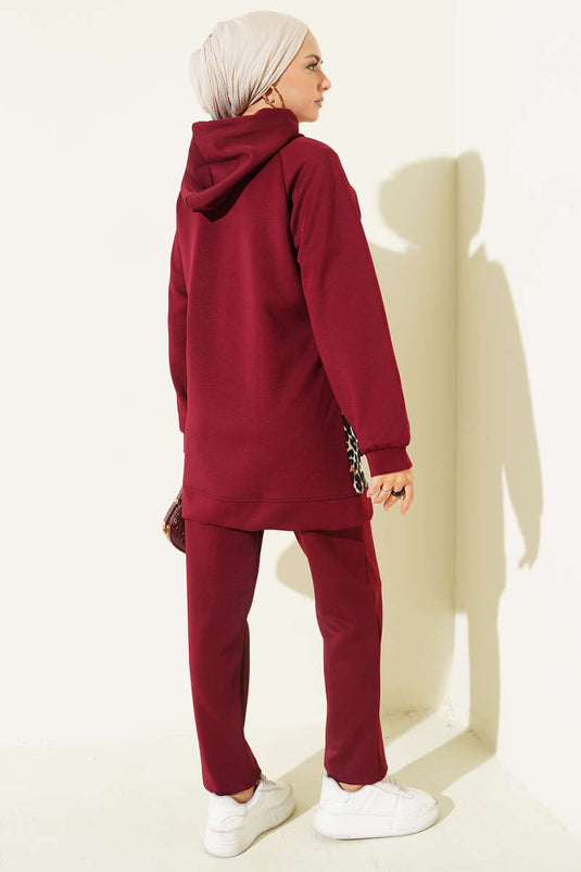 Kapüşonlu Cepli Leoparlı Scuba İkili Takım Bordo
