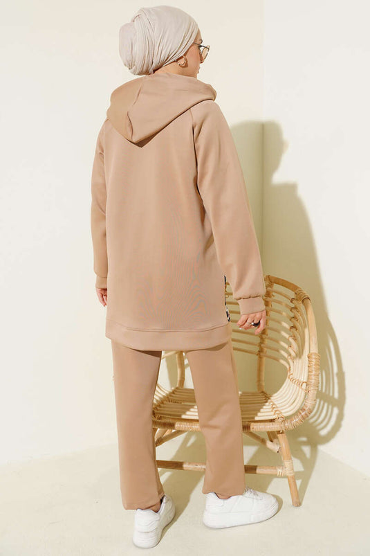 طقم غوص بنقشة جلد النمر مع غطاء للرأس وجيب من قطعتين - لاتيه