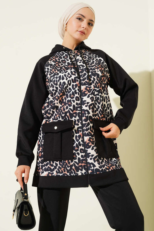 بدلة غوص من قطعتين بغطاء رأس وجيب ونقشة جلد النمر باللون الأسود