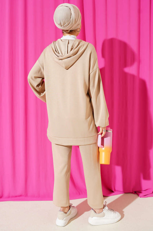 Kapüşonlu Cepli Loyşa İkili Takım Bej