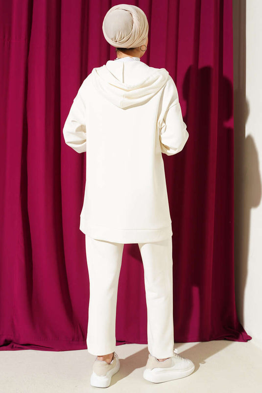 Kapüşonlu Cepli Loyşa İkili Takım Ekru