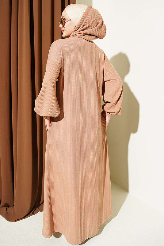 Kapüşonlu Cepli Örme Elbise Camel