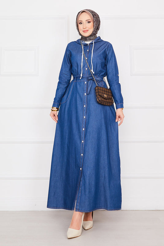 Vestido vaquero con hijab y bolsillos con capucha azul