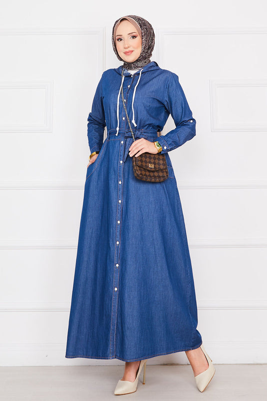 Vestido vaquero con hijab y bolsillos con capucha azul