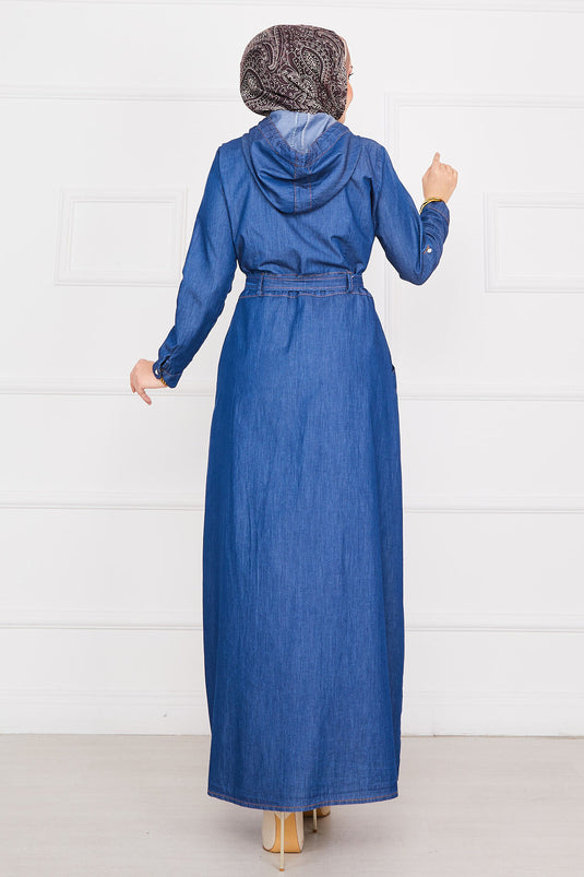 Hijab-Jeanskleid mit Kapuze und Taschen Blau