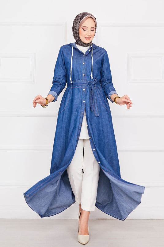 Vestido vaquero con hijab y bolsillos con capucha azul