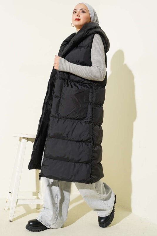 Kapüşonlu Cepli Uzun Şişme Yelek Siyah