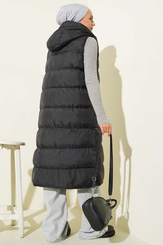 Kapüşonlu Cepli Uzun Şişme Yelek Siyah