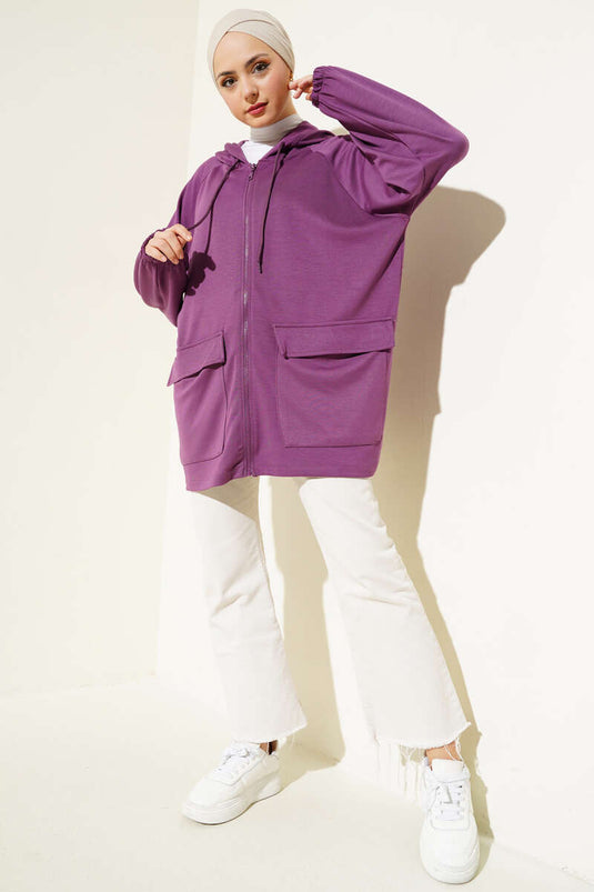 Hooded Double Pocket Flap Cardigan Magenta