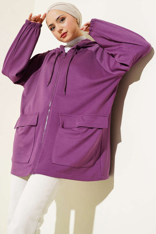 Hooded Double Pocket Flap Cardigan Magenta