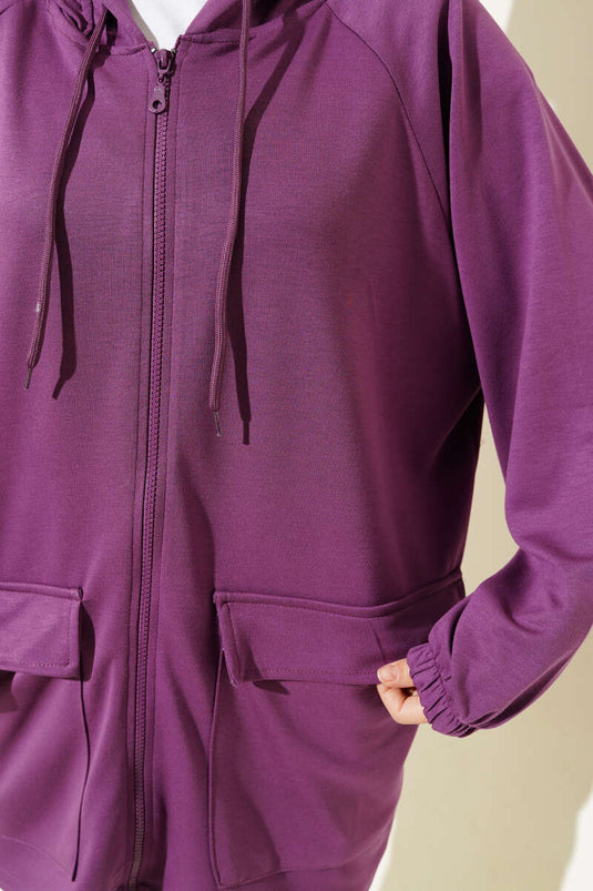 Hooded Double Pocket Flap Cardigan Magenta