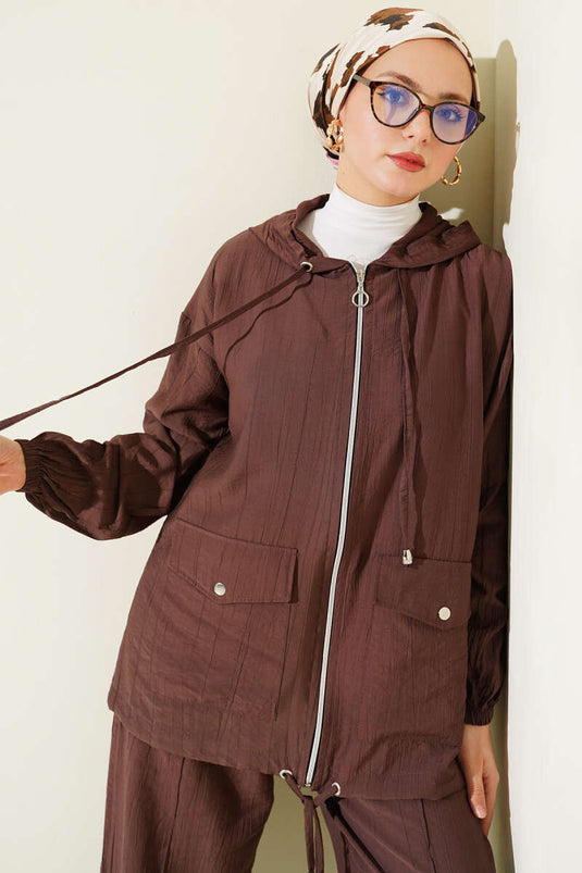 Kapüşonlu Çift Torba Cepli İkili Takım Kahve