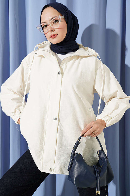 Hooded Zipper Detail Coat Ecru