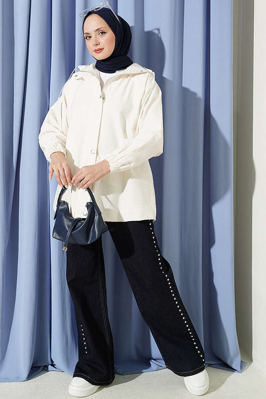 Hooded Zipper Detail Coat Ecru