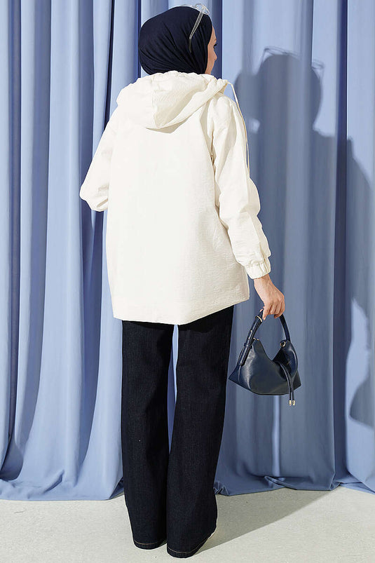 Hooded Zipper Detail Coat Ecru