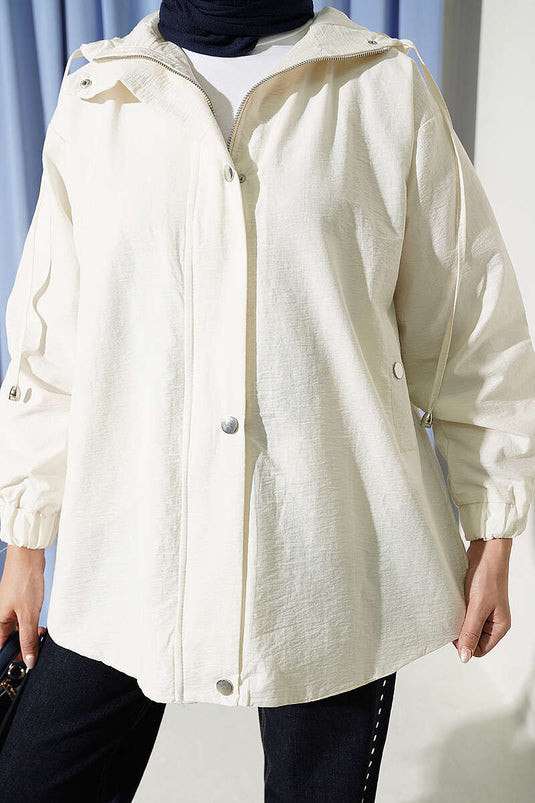 Hooded Zipper Detail Coat Ecru