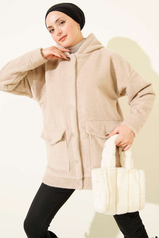 معطف بغطاء رأس وأزرار كبس، بيج