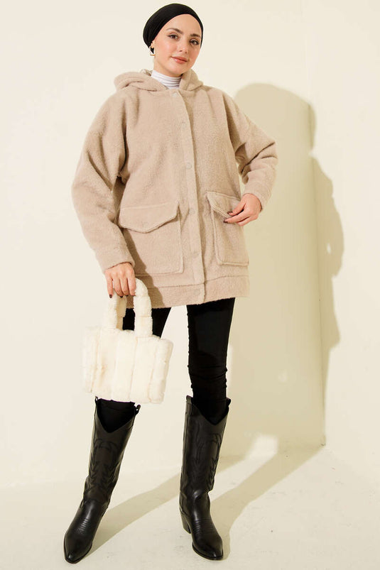 معطف بغطاء رأس وأزرار كبس، بيج