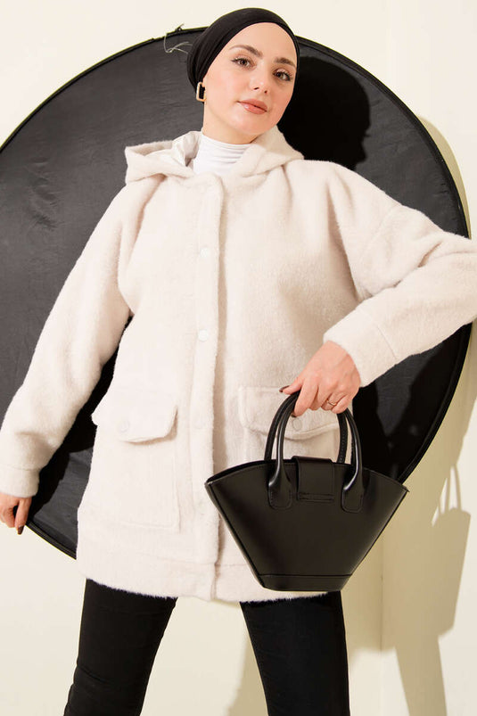 Manteau à capuche et boutons-pression couleur pierre