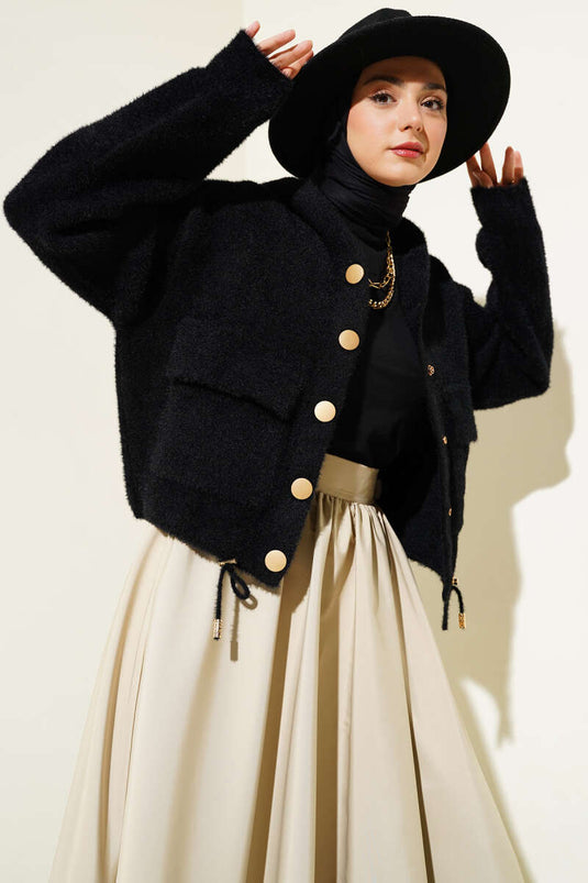 Hooded Snap-On Short Knit Cardigan Black