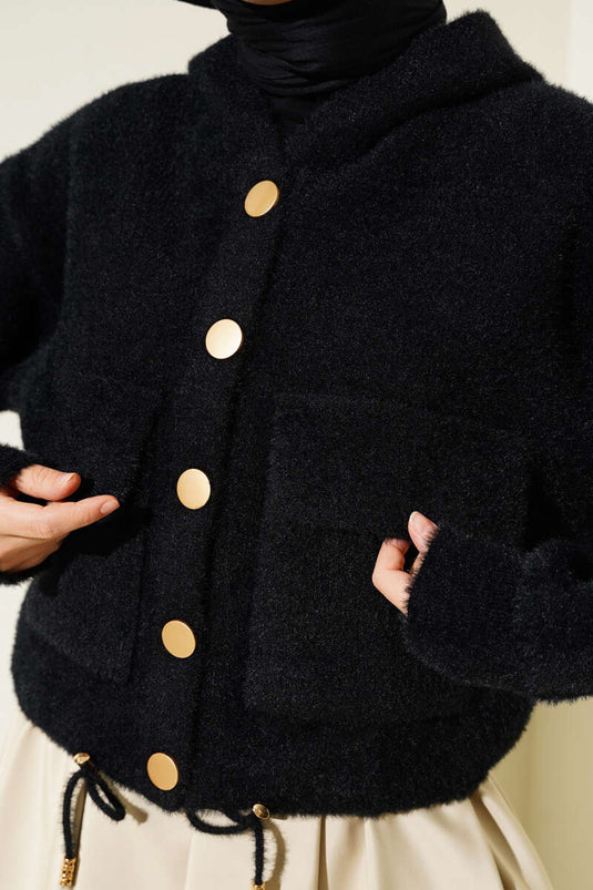 Hooded Snap-On Short Knit Cardigan Black