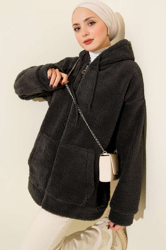 معطف فرو بغطاء رأس مع تفاصيل خطوط باللون الرمادي الداكن