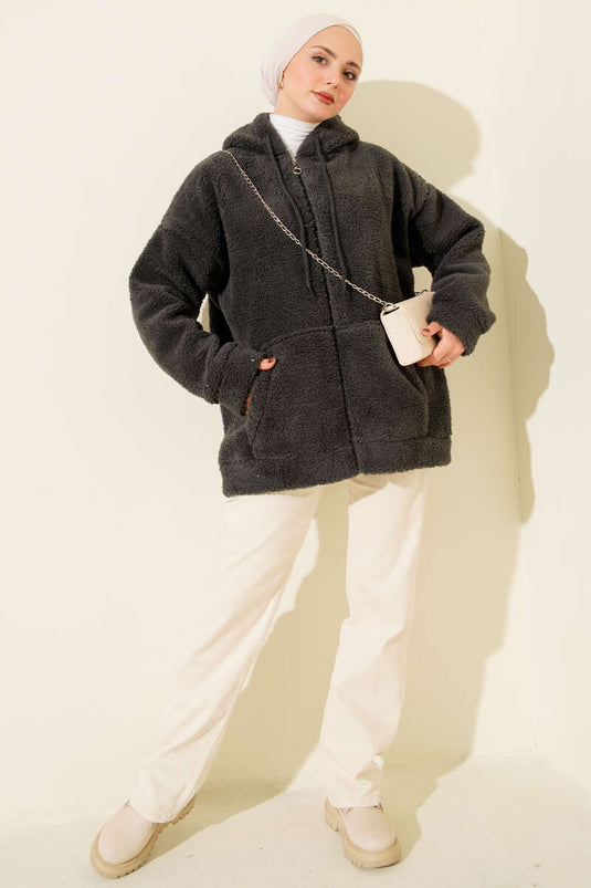 Hooded Plush Jacket with Stripe Detail in Smoke Gray