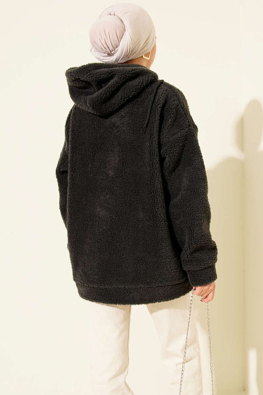 Hooded Plush Jacket with Stripe Detail in Smoke Gray