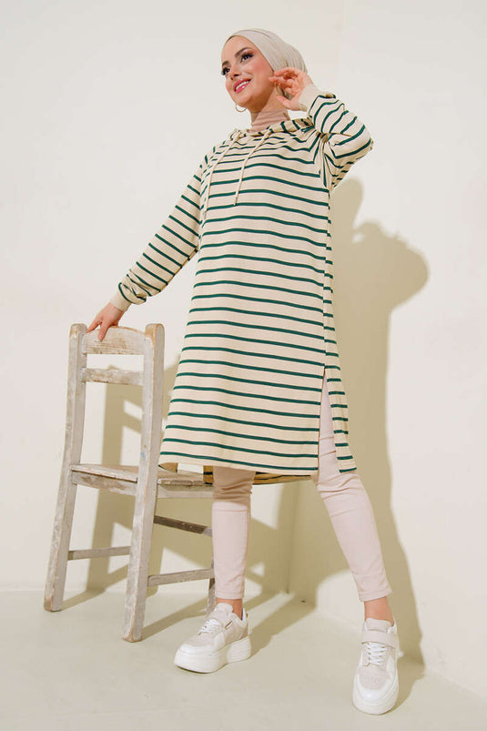 Kapüşonlu Çizgili Uzun Tunik Zümrüt Yeşil