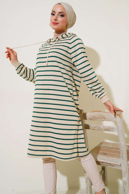 Kapüşonlu Çizgili Uzun Tunik Zümrüt Yeşil