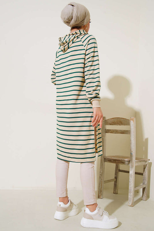 Kapüşonlu Çizgili Uzun Tunik Zümrüt Yeşil