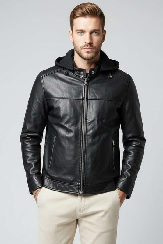 Leren herenjas met capuchon, zwart