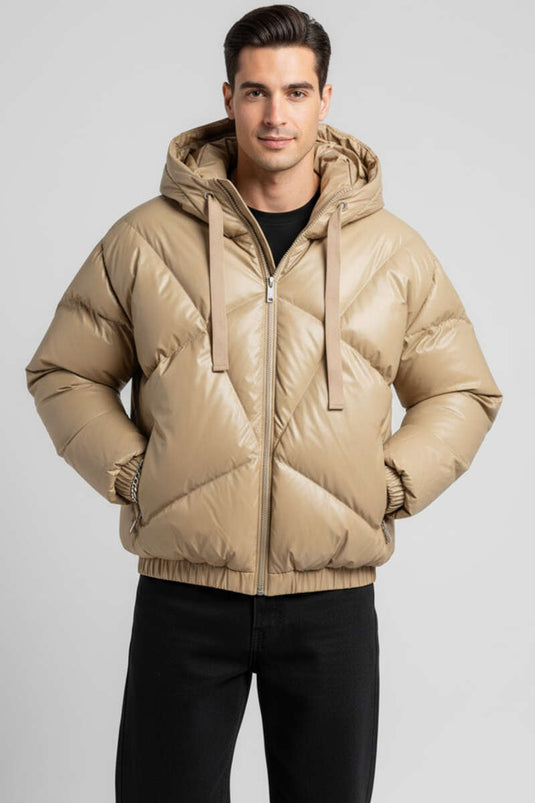 جاكيت رجالي منفوخ من الجلد بغطاء رأس، بيج