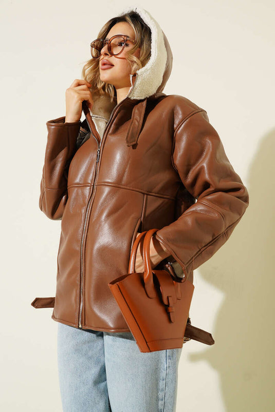 Kapüşonlu Deri Mont Taba