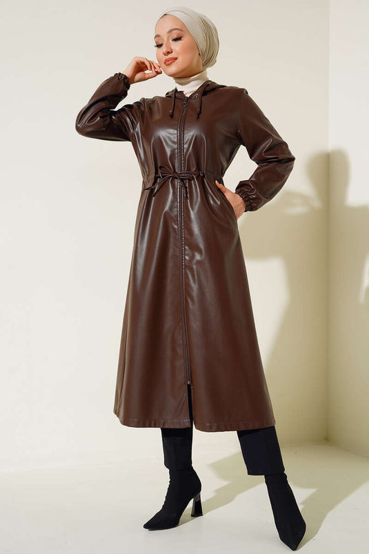 Trench-Coat En Cuir À Capuche Marron