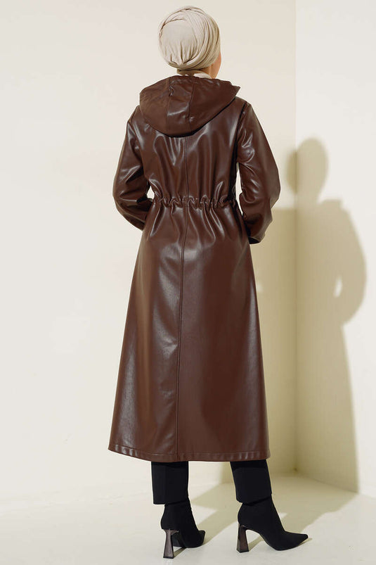 Trench-Coat En Cuir À Capuche Marron