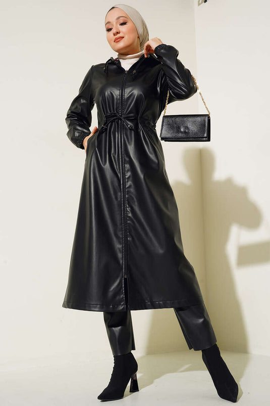 Trench-Coat En Cuir À Capuche Noir