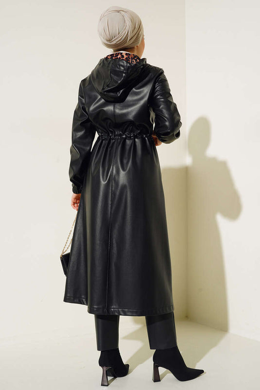 Trench-Coat En Cuir À Capuche Noir