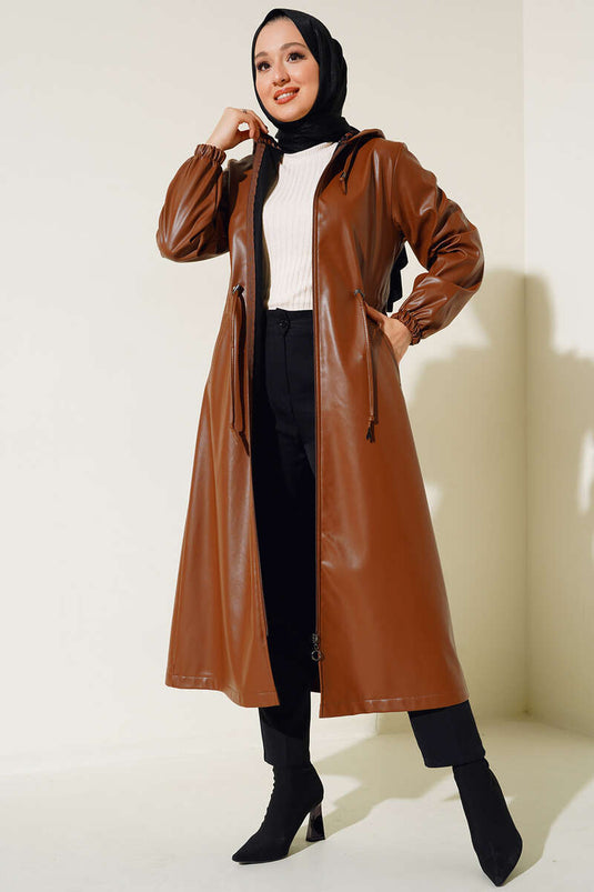 Trench-coat en cuir à capuche Tan