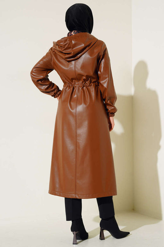 Trench-coat en cuir à capuche Tan