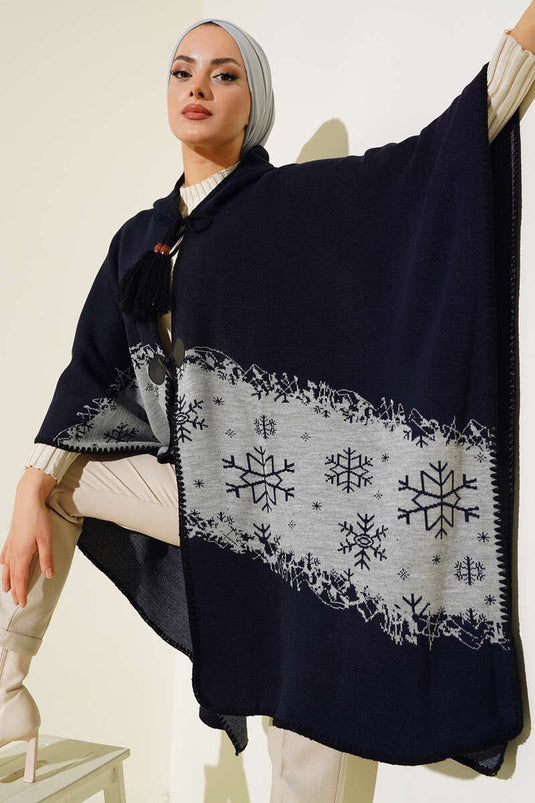 Poncho à Motifs à Capuche Bleu Marine