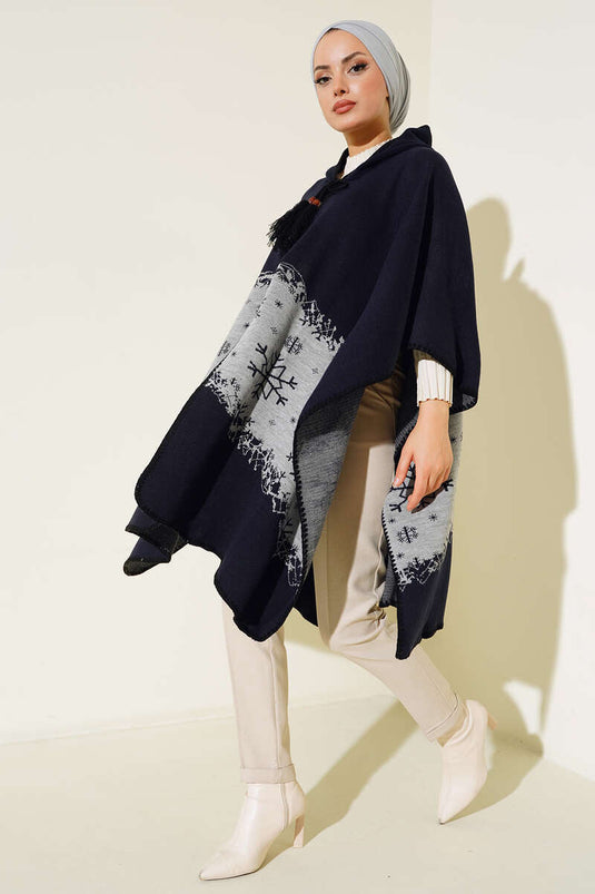 Poncho fantasia con cappuccio blu navy